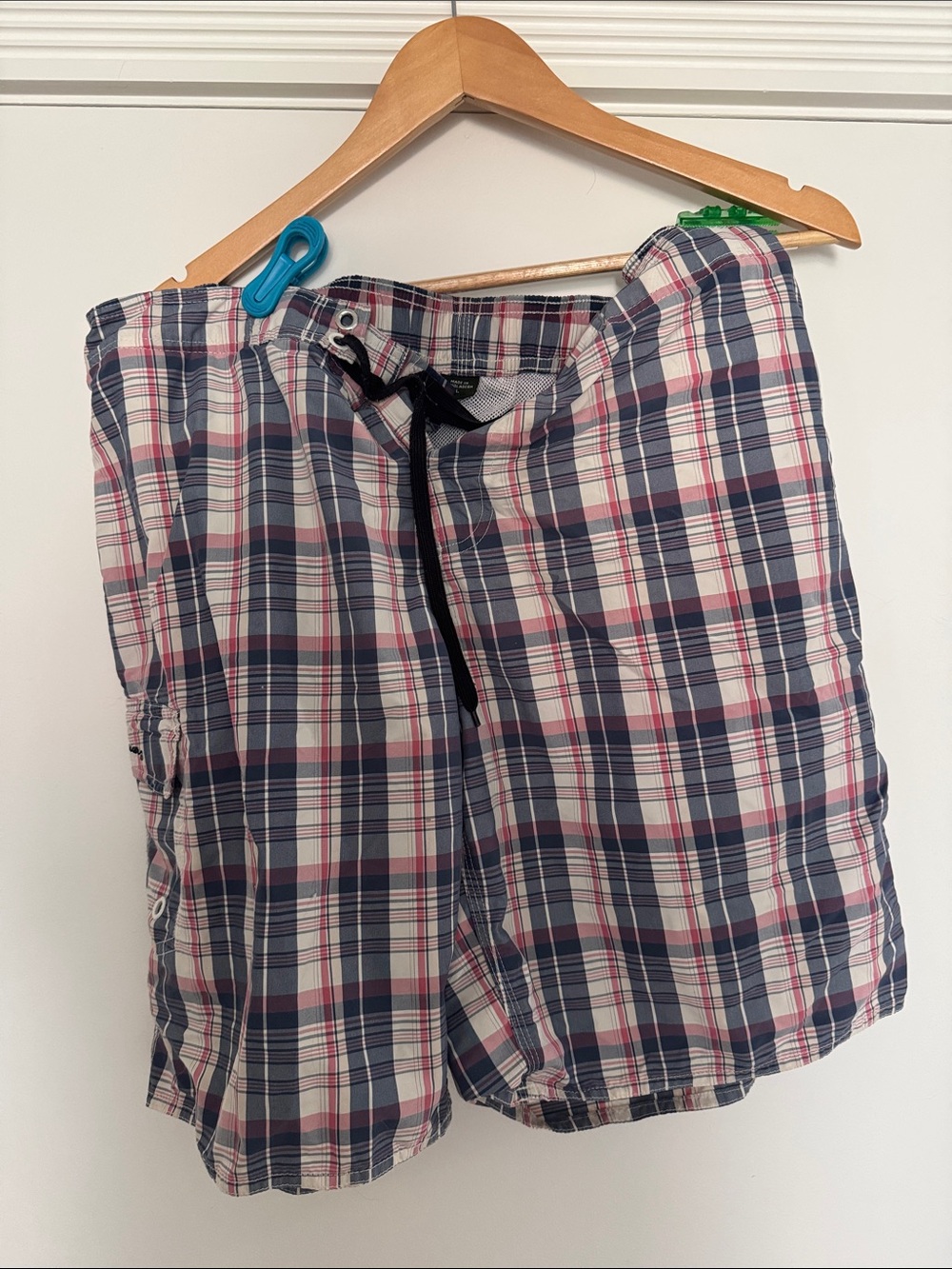 Eddie Bauer Navy Blue, White, Red Plaid Swim Trunks